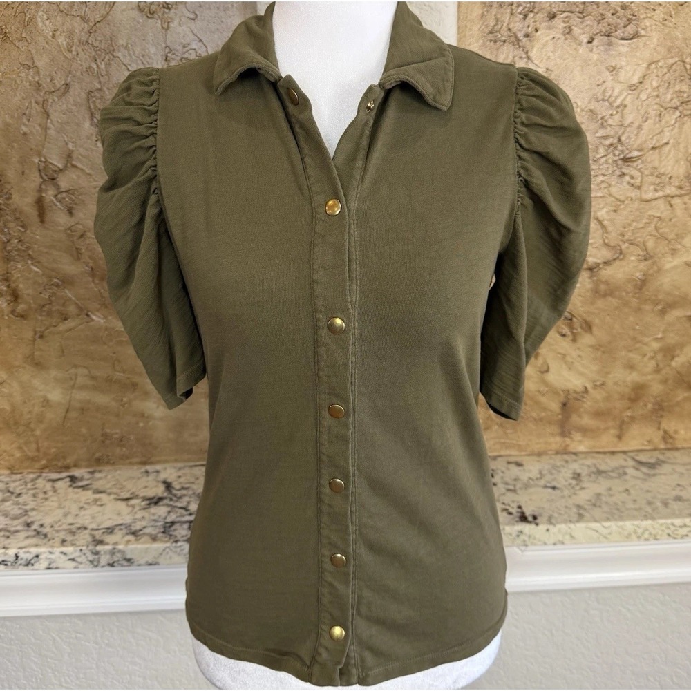Nation LTD Ennis Feminine Workshirt Size XS Blouse Top Puff Sleeve Snap Up Green